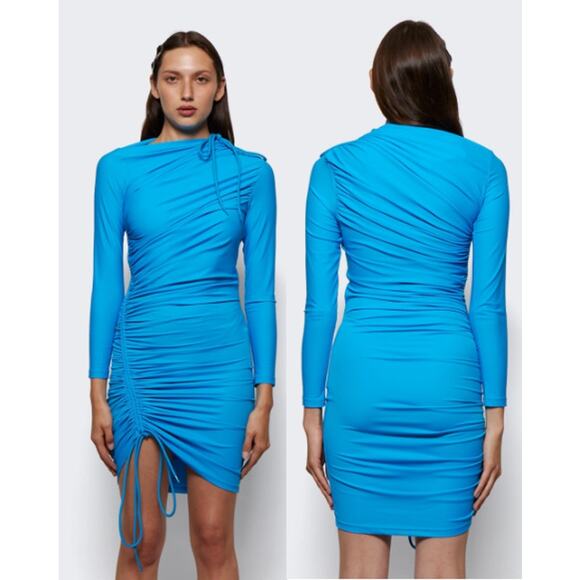 Balenciaga Long Sleeve Ruched Stretch-Jersey Mini Sheath Dress Cyan Women 36 / 0 - Picture 1 of 6